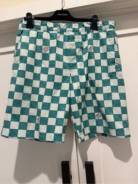 Louis Vuitton Teal and White Checkerboard Swim Trunks